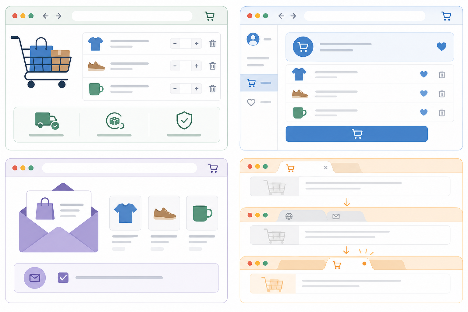 Four-panel comparison of low-friction cart recovery options including clearer cart details, saved cart state, email follow-up, and a browser-tab reminder.