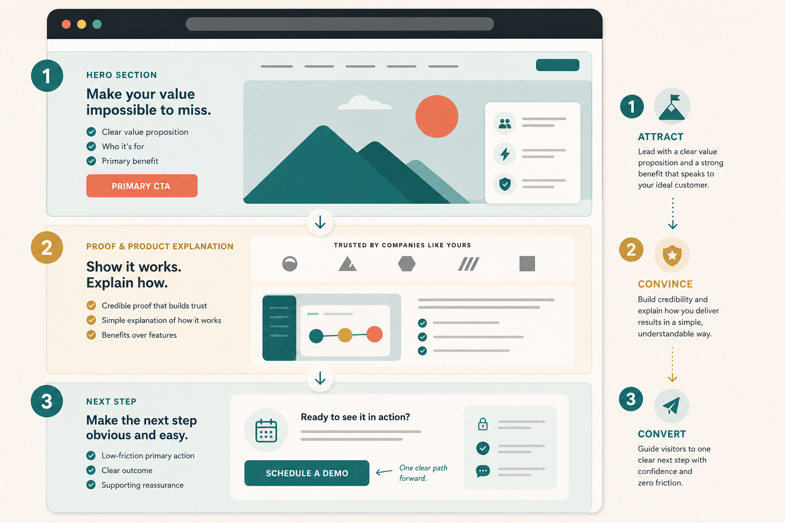 Homepage flow diagram showing hero, proof and product explanation, and a low-friction CTA section arranged in order.