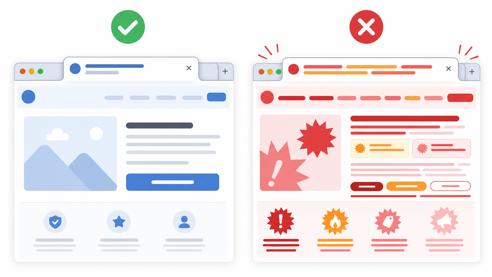 Side-by-side browser-tab comparison showing a calm short-title approach and a noisy aggressive-title approach.