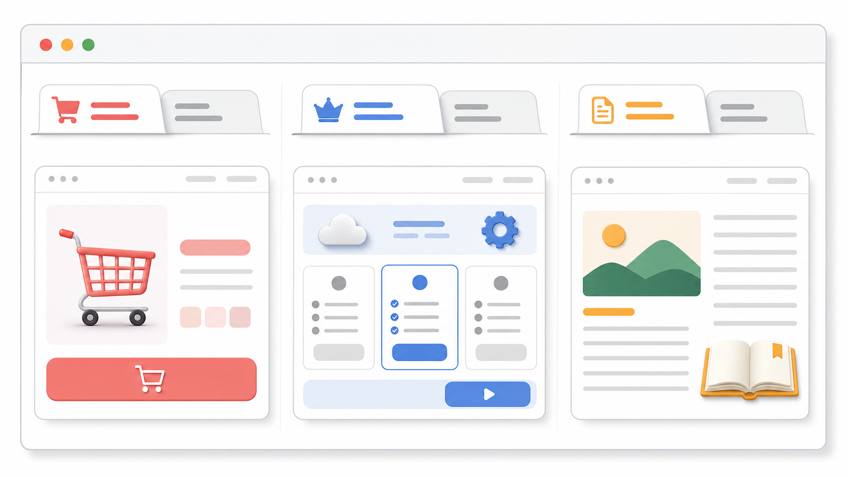 Three browser-window panels showing ecommerce, SaaS, and content page contexts with short inactive-tab message blocks.