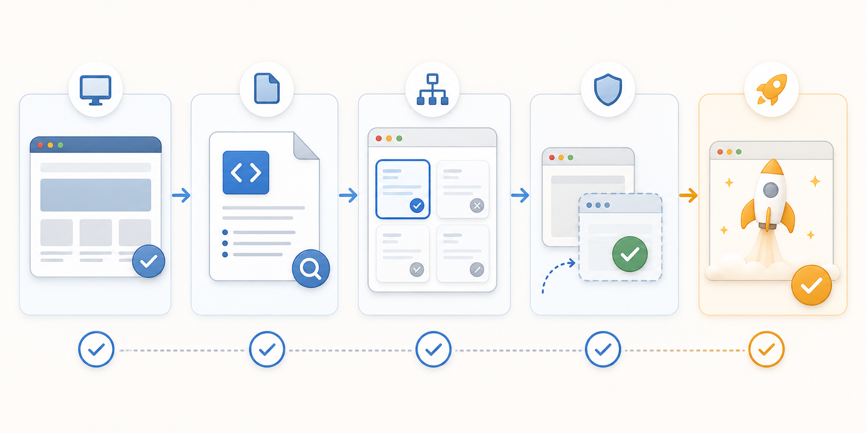 Workflow graphic showing browser preview, file review, page-scope check, fallback check, and publish steps before launching a script.