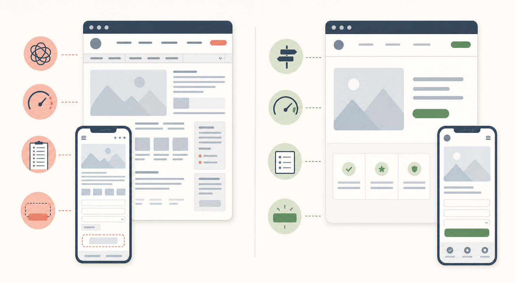 Side-by-side website comparison showing a cluttered slow page with a long form versus a cleaner faster page with simpler navigation and a clearer next step.