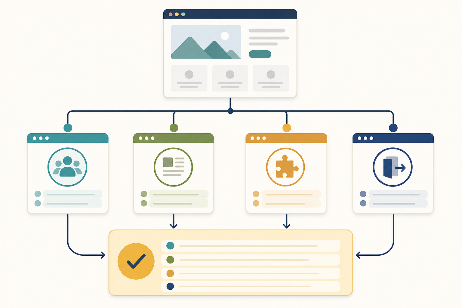 Decision-tree style diagram branching from one website into traffic quality, page clarity, conversion friction, and return path before ending in a checklist panel.